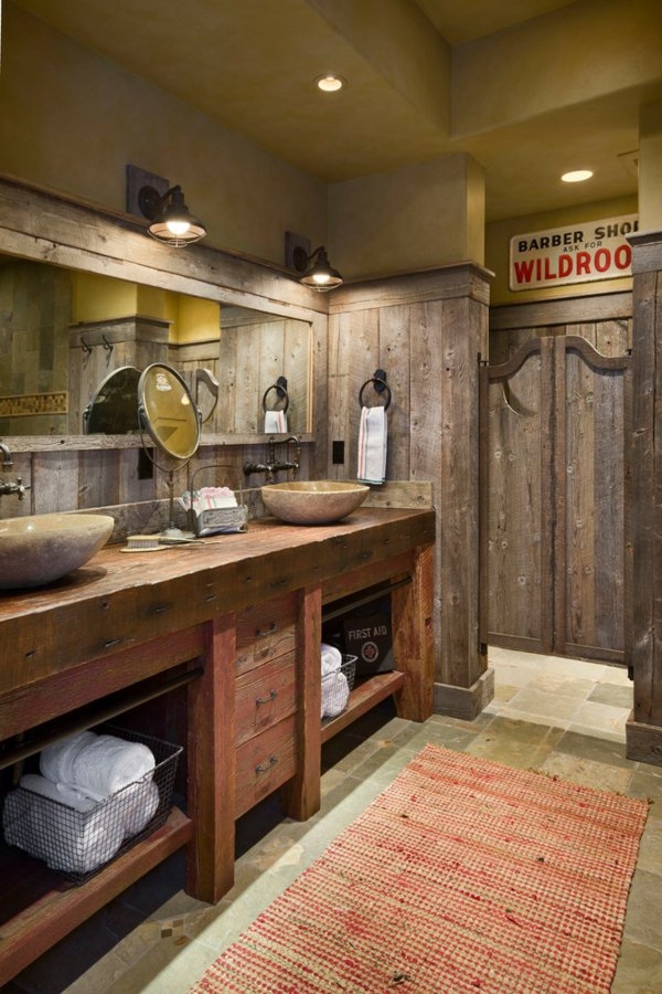 country bathroom ideas solid wood vanity cabinet wall mirror area rug