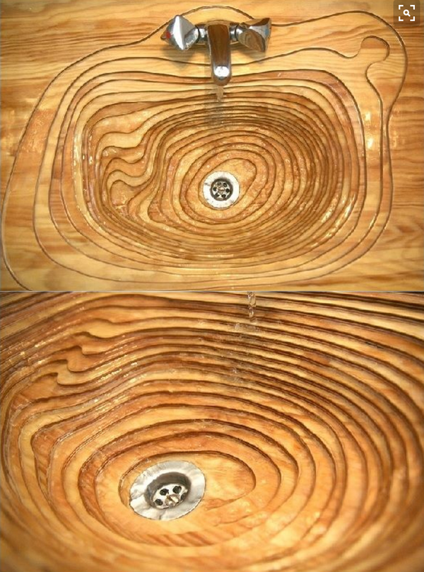 topographically inspired wooden bathroom sink
